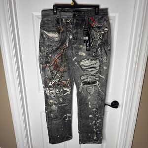 Preme Skull Allover Print Denim Jeans Chains Mens 34x30 Streetwear‎ Hype